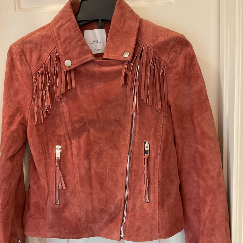 MNG Mango Leather biker fringed jacket with zipper detail, mauve color, Sz M - Picture 13 of 16